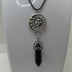 Mystical Sun and Moon Corded Pendant Necklace with Black Crystal